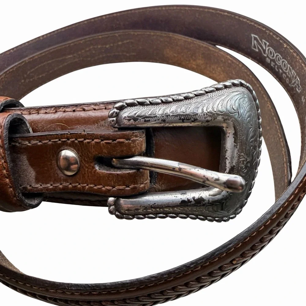 Nocona Belt Brown Tooled Leather Western Size 44 Engraved Silver Buckle Men's
